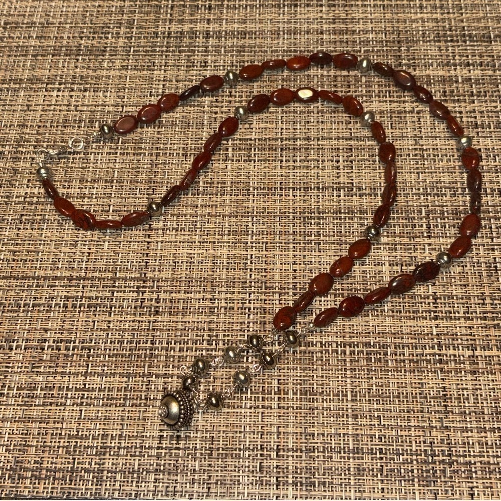Jasper Brown Bead and Tibetan Silver Extra Long Necklace Handmade - Picture 4 of 6